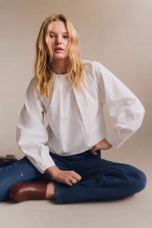 Balloon Poplin Shirt With Round Pleated Neck