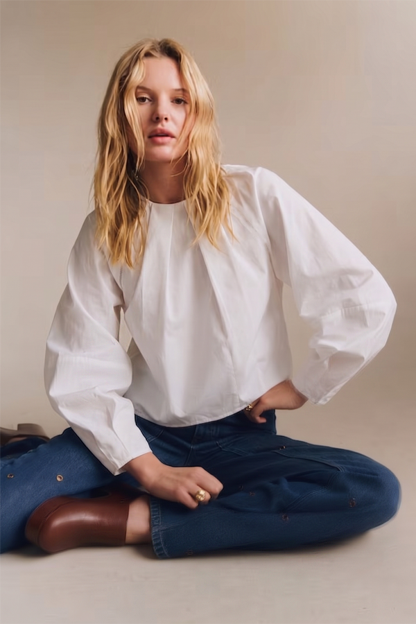 Balloon Poplin Shirt With Round Pleated Neck