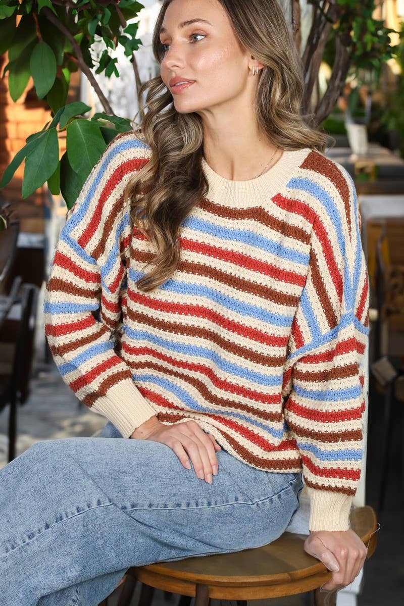 Textured Multi Stripe Crew Neck Knitted Sweater