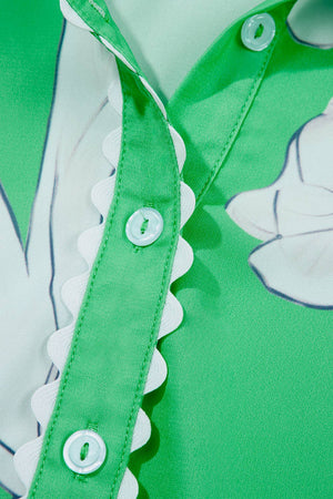 Floral Ric Rac Edge Puff Sleeve Button Up To
