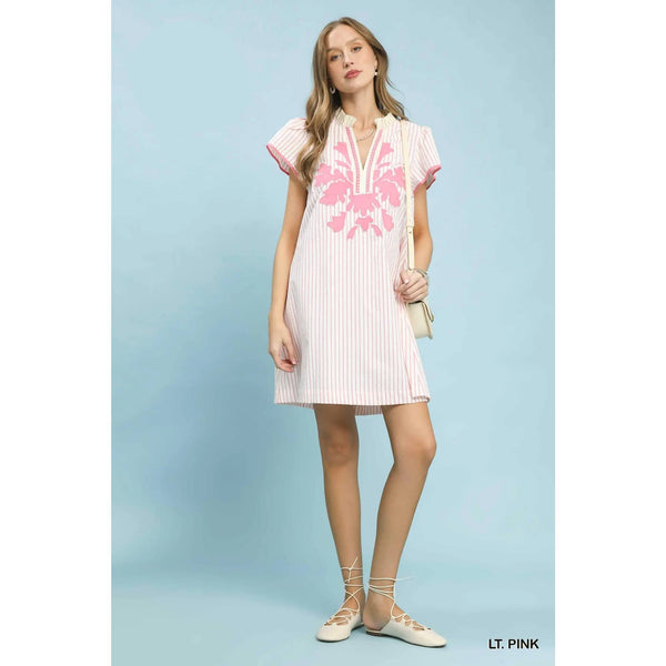 Striped Floral Applique Shift Dress