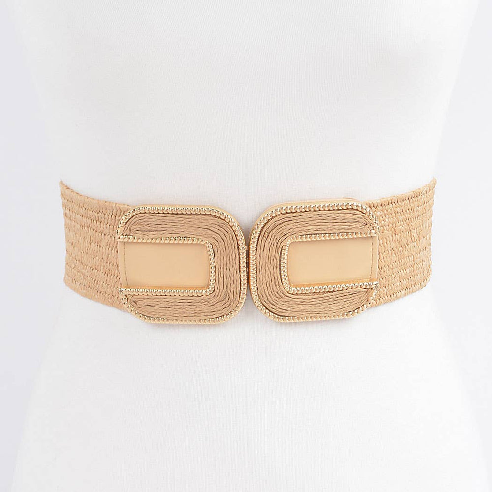 Faux Straw Two Buckles Elastic Belt