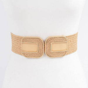 Faux Straw Two Buckles Elastic Belt