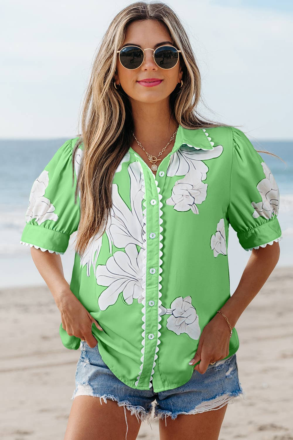 Floral Ric Rac Edge Puff Sleeve Button Up To