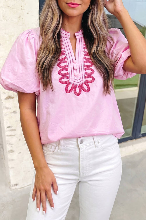 Solid Embroidered Detail Puff Sleeve Blouse
