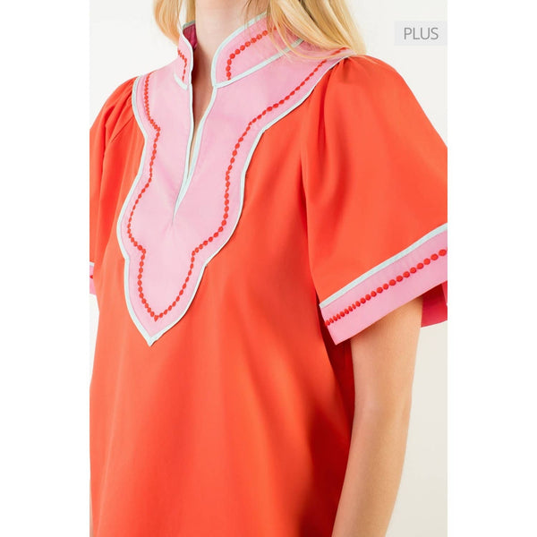 Contrast Trim Wide Sleeve V-Neck Top