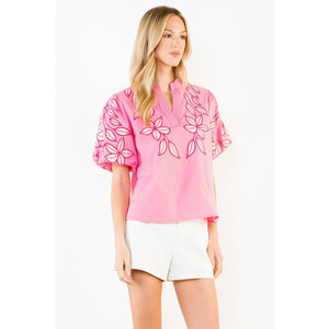 Embroidered Puff Sleeve Split Neck Top