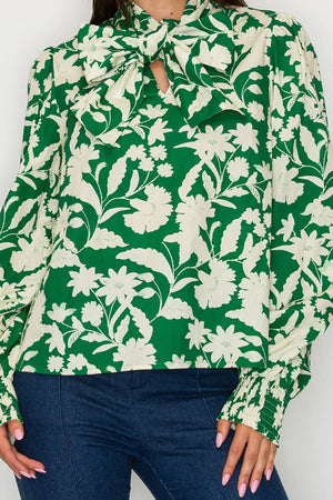 Rich Green Jacobean Print Bow Tie  Blouse