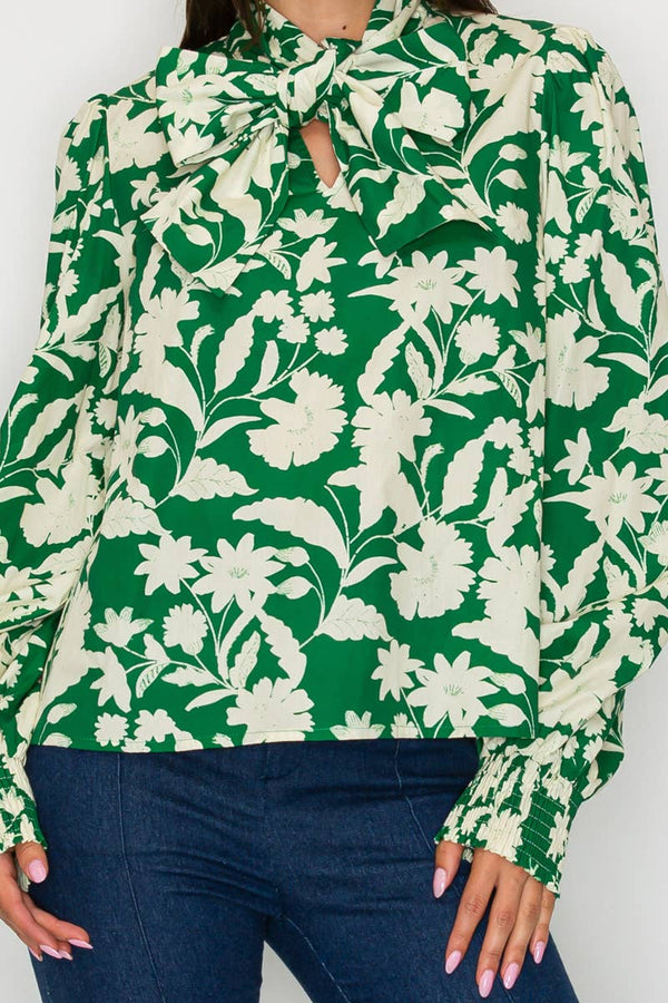 Rich Green Jacobean Print Bow Tie  Blouse