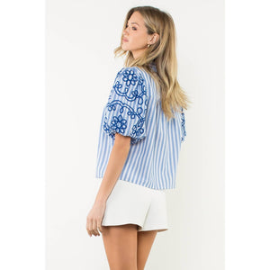 Puff Sleeve Striped Embroidered Top