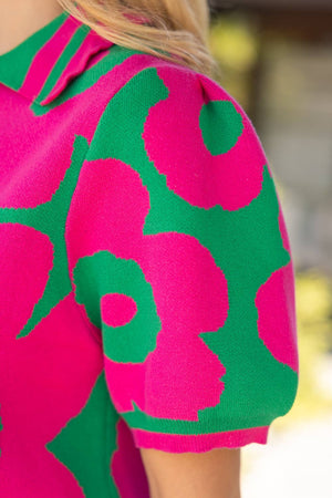 V-Collared Ribbed Floral Knit Top
