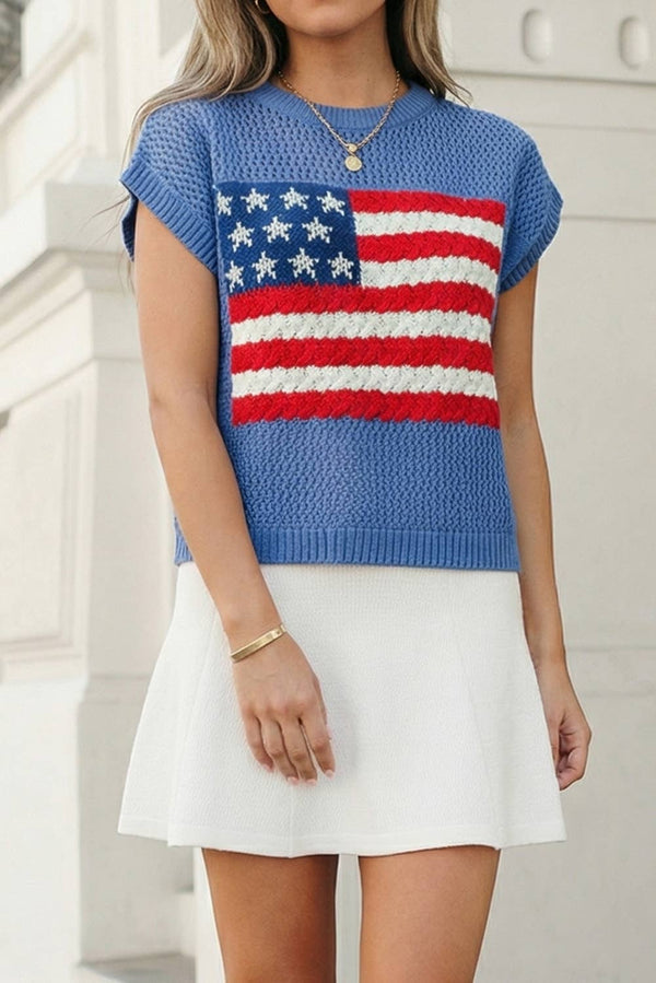 USA Flag Graphic Short Sleeve Sweater Top