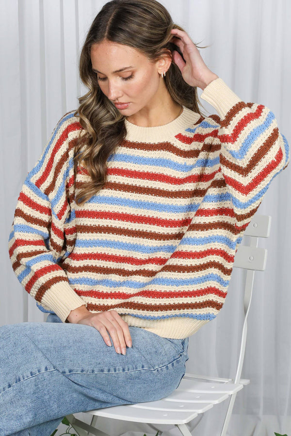 Textured Multi Stripe Crew Neck Knitted Sweater