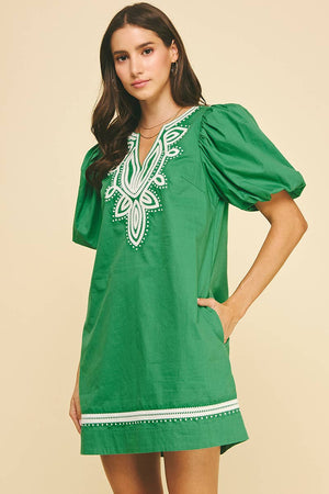 Embroidered Detail Mini Dress - Green