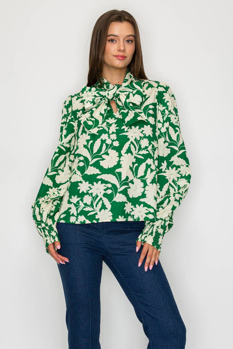 Rich Green Jacobean Print Bow Tie  Blouse