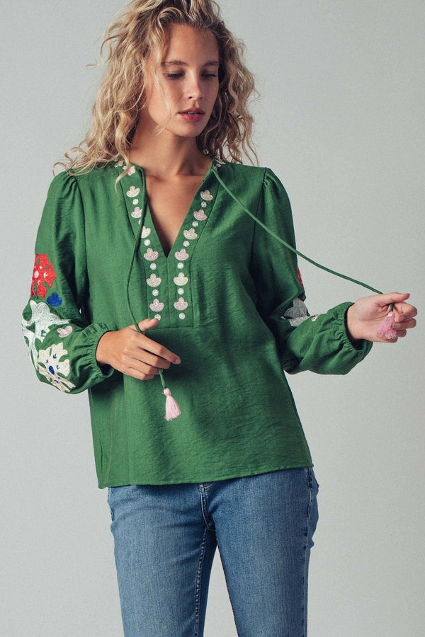 Embroidered Tassel Tie Blouse