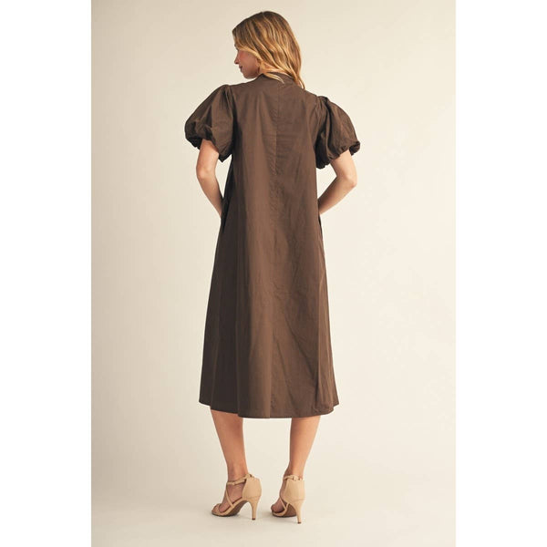 Applique Accent Puff Sleeves Midi Dress