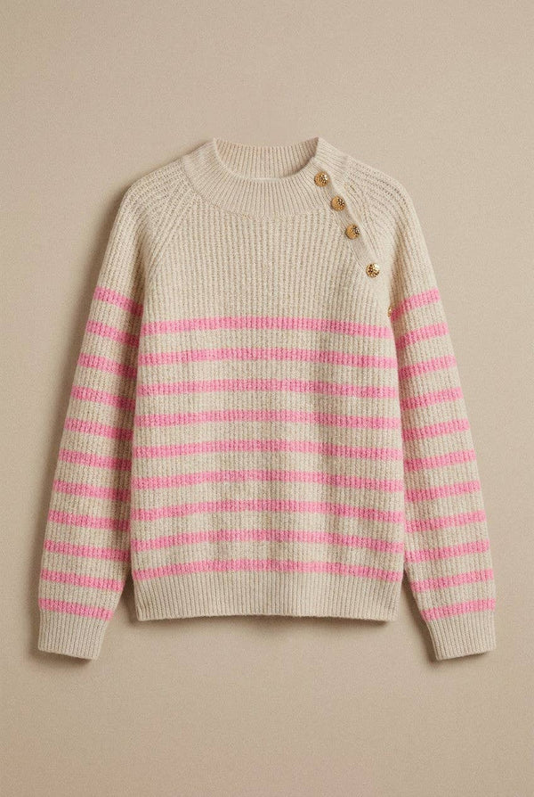 Striped Mock Neck Sweater with Gold Buttons
