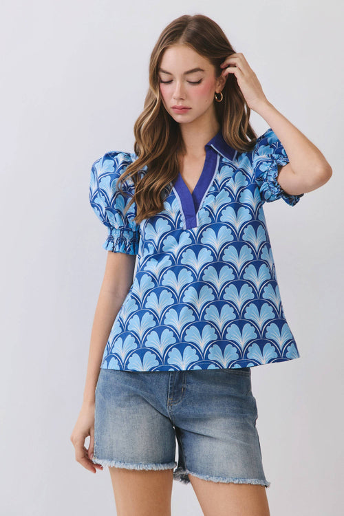Geometric Print Contrast Collar Puff Sleeve Blouse
