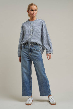 Navy Windowpane Check Ruffle Placket Cotton Blouse