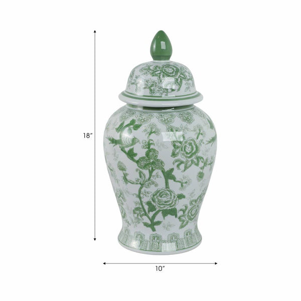 Ceramic Bird Flower Decorative Temple Jar - Green, 18 in.