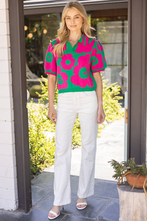 V-Collared Ribbed Floral Knit Top