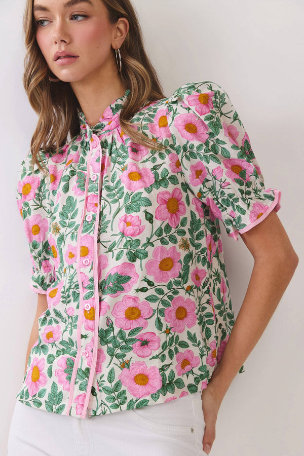 Floral Print Button Down Puff Sleeve Blouse