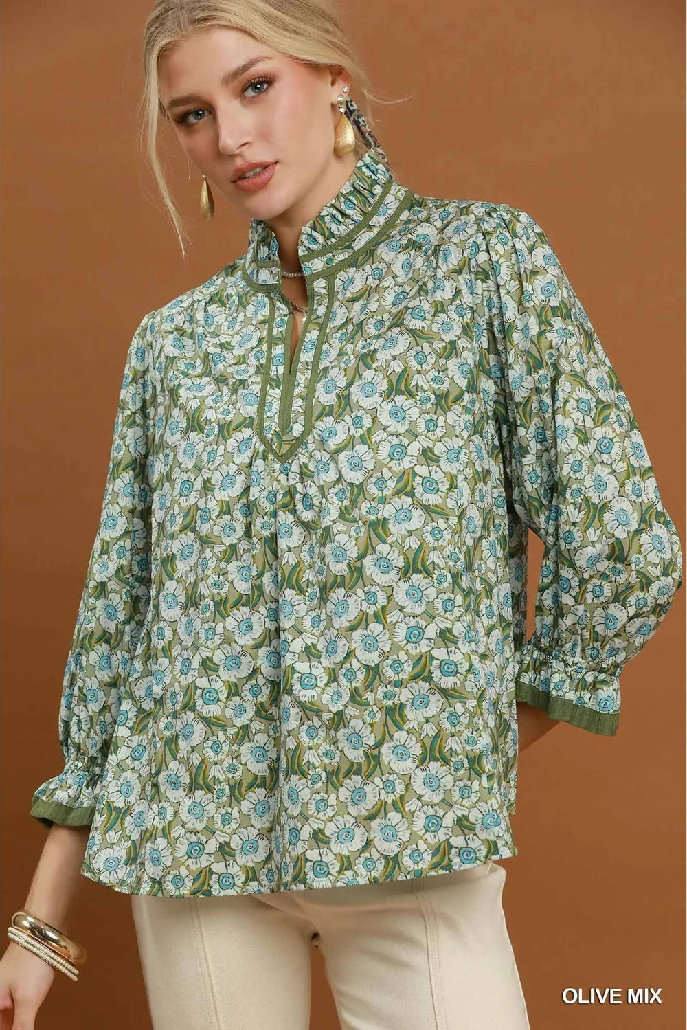 Floral Print Mandarin Collar Blouse