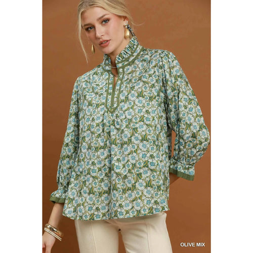 Floral Print Mandarin Collar Blouse