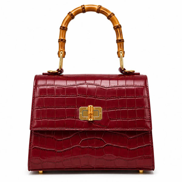 CrocEmbossed Faux Leather Bamboo Handle Crossbody Bag