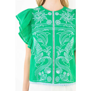 Ruffle Sleeves Embroidery Detail Top