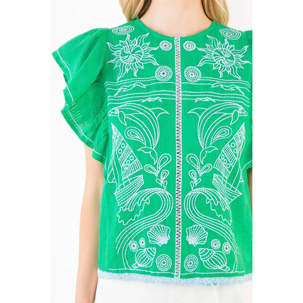 Ruffle Sleeves Embroidery Detail Top