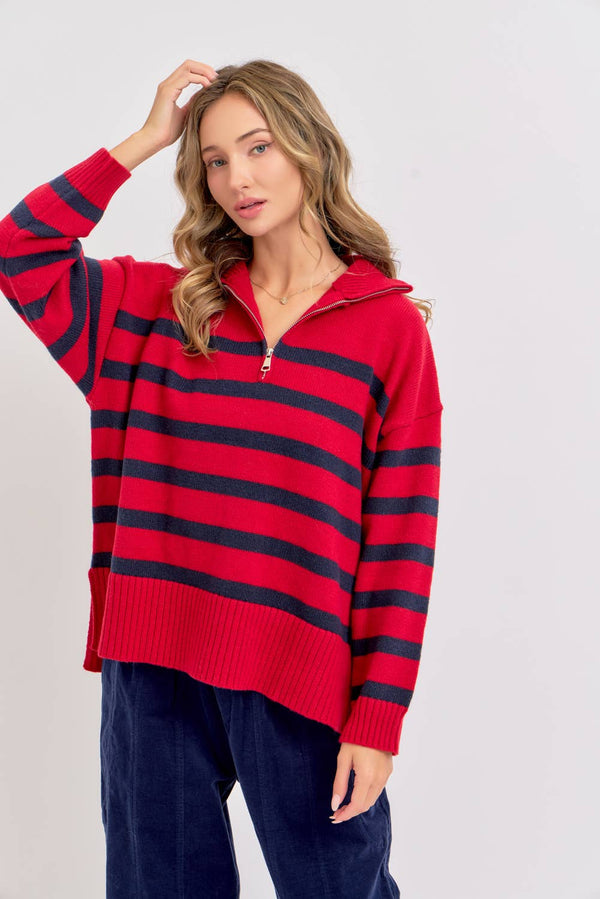 Stripe Knit Zip-Front Oversized Knit Sweater