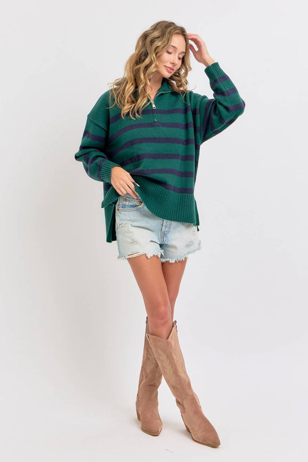 Stripe Knit Zip-Front Oversized Knit Sweater