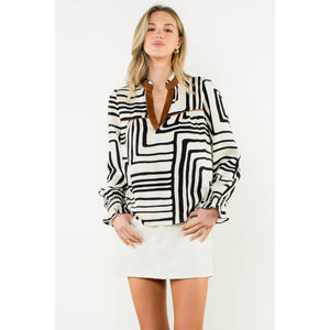 Abstract Print Long Sleeve V-Neck Top