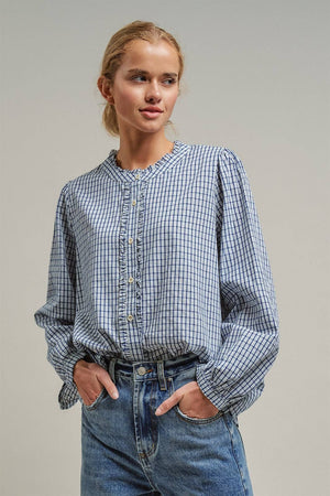 Navy Windowpane Check Ruffle Placket Cotton Blouse