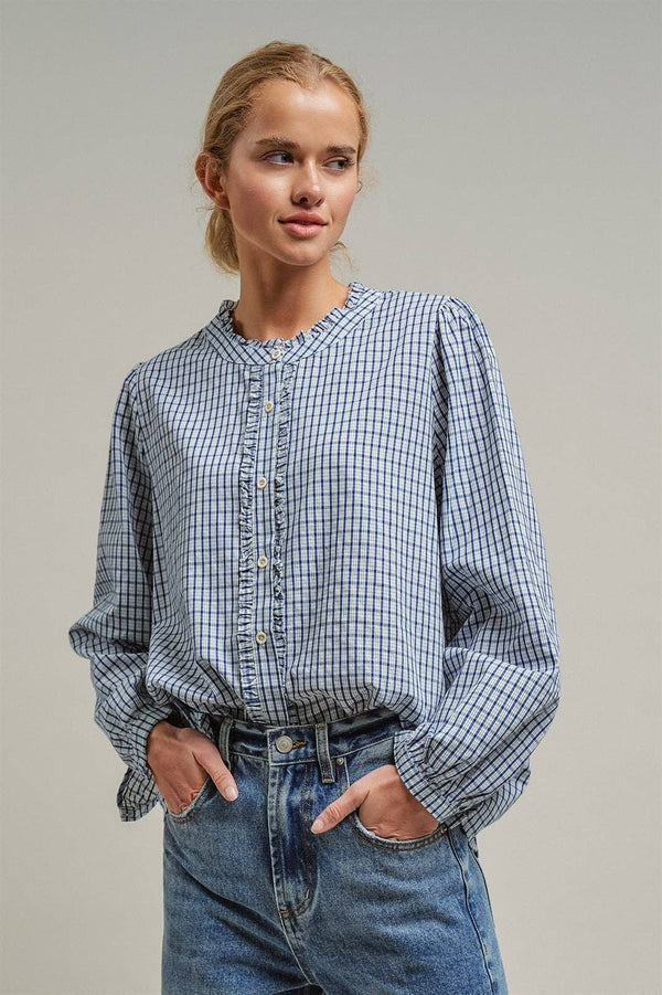 Navy Windowpane Check Ruffle Placket Cotton Blouse