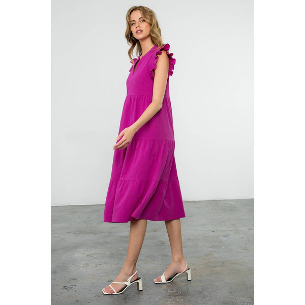 Ruffle Sleeve Tiered Dress- Fuschia