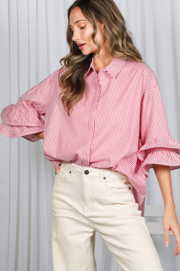 Striped Ruffle Sleeve Blouse
