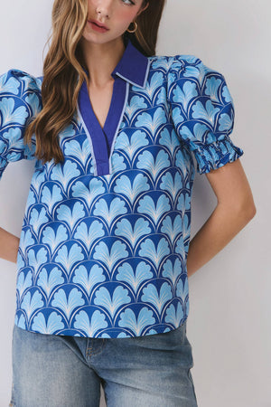 Geometric Print Contrast Collar Puff Sleeve Blouse
