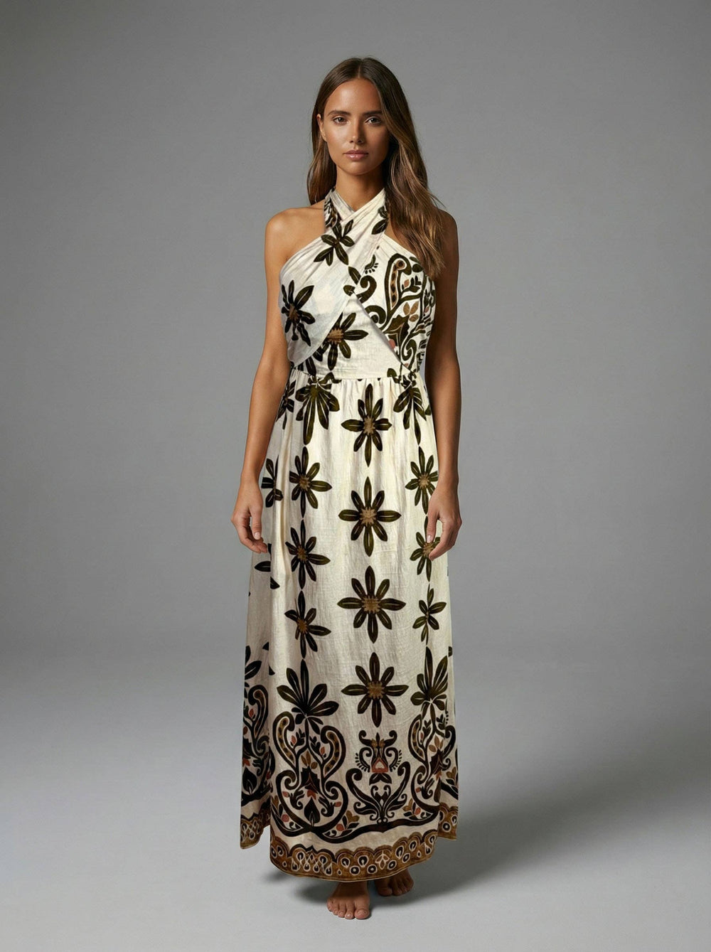 Olive Veil Halter Maxi Dress
