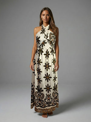 Olive Veil Halter Maxi Dress