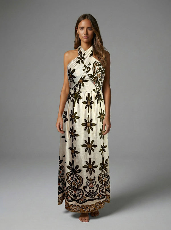 Olive Veil Halter Maxi Dress