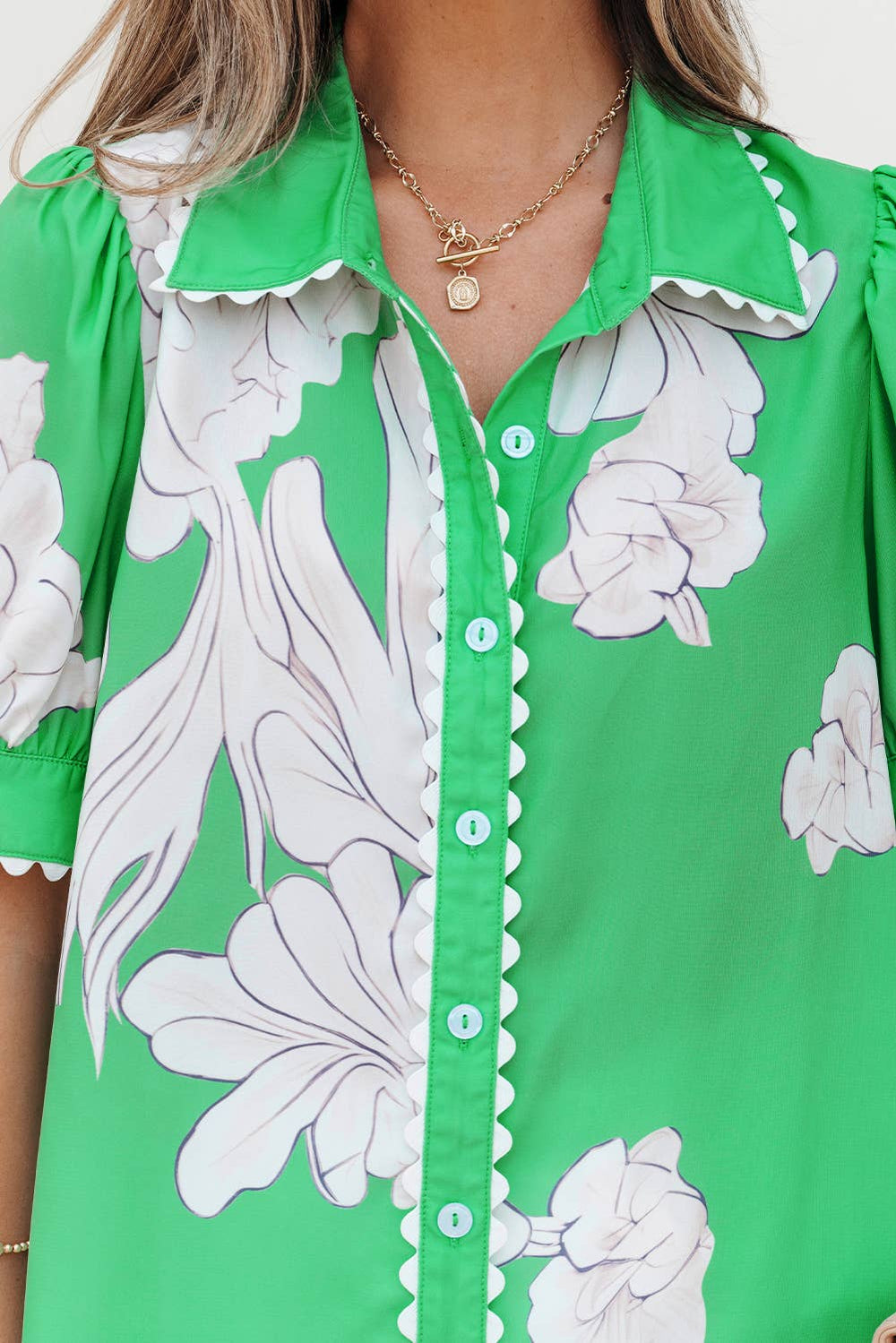 Floral Ric Rac Edge Puff Sleeve Button Up To