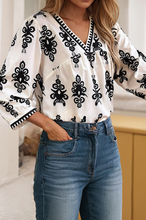 LDC Vintage Printed 3/4 Sleeve V Neck Blouse