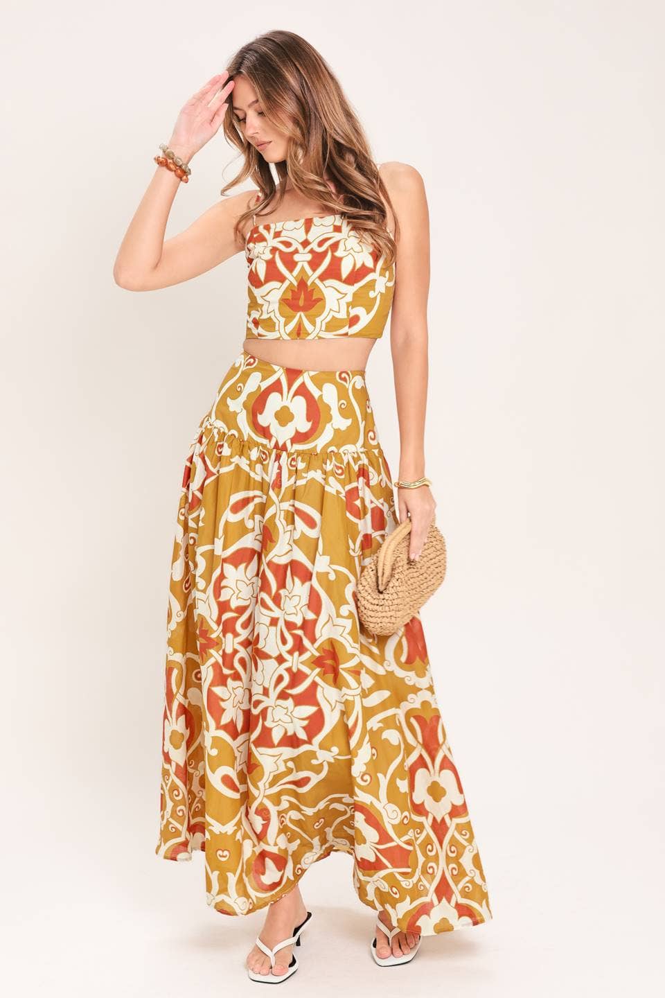 A Printed Woven Top and Skirt Set