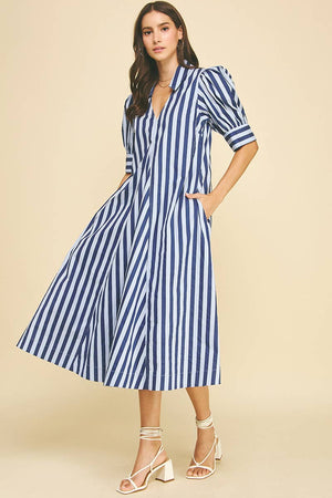Striped V-neck Midi Dress - Pink/Lavender