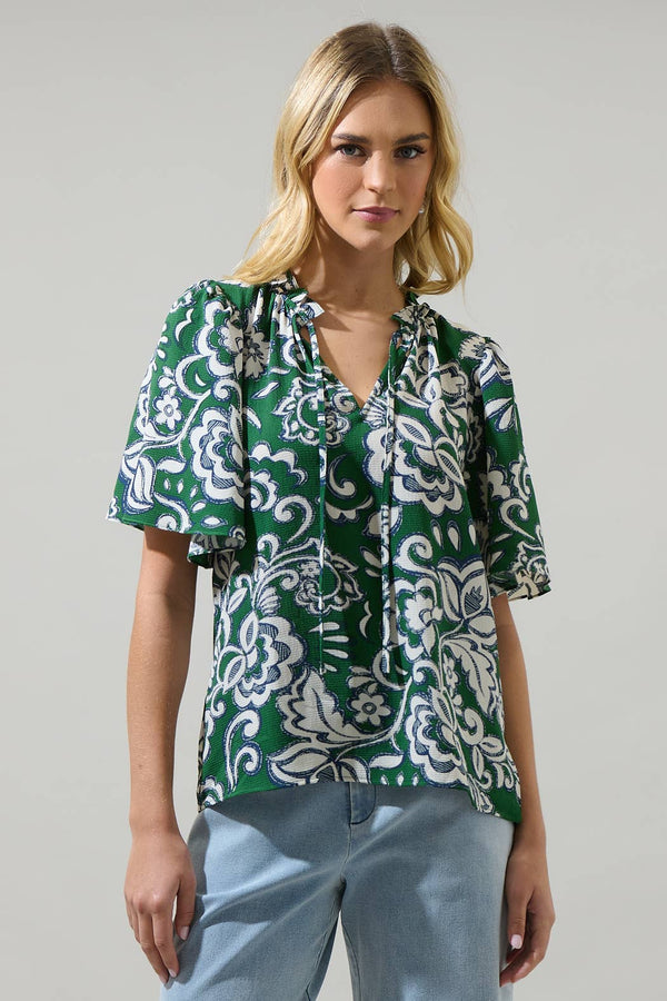 Harriet Floral Ruffle Split Neck Dupont Top