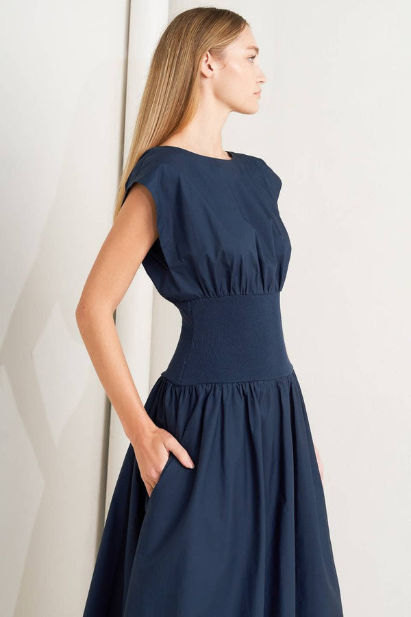 A Solid Woven Midi Dress - Navy
