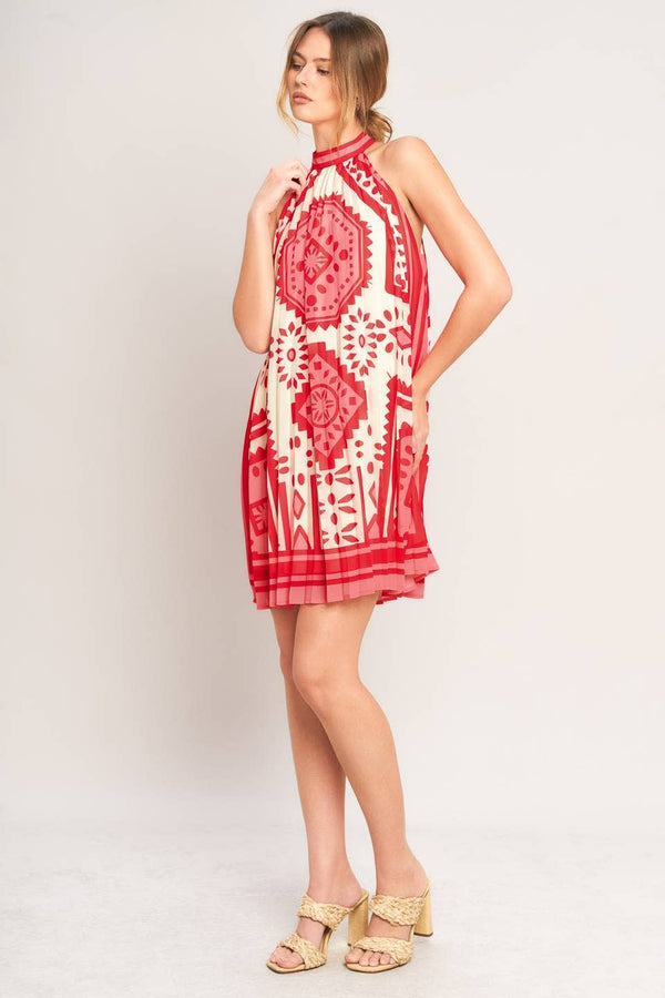 A Printed Woven Mini Dress - Pink